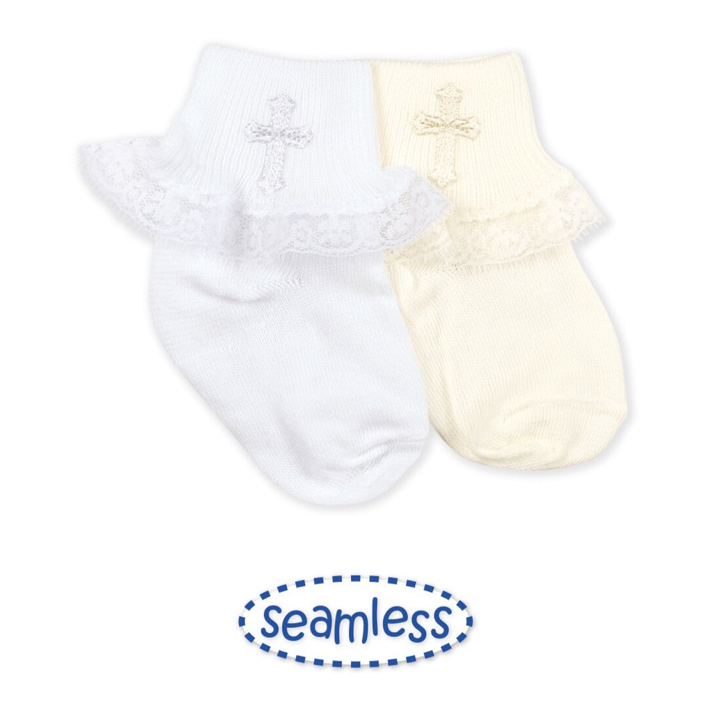 Baby girl white lace socks with an embroidered cross