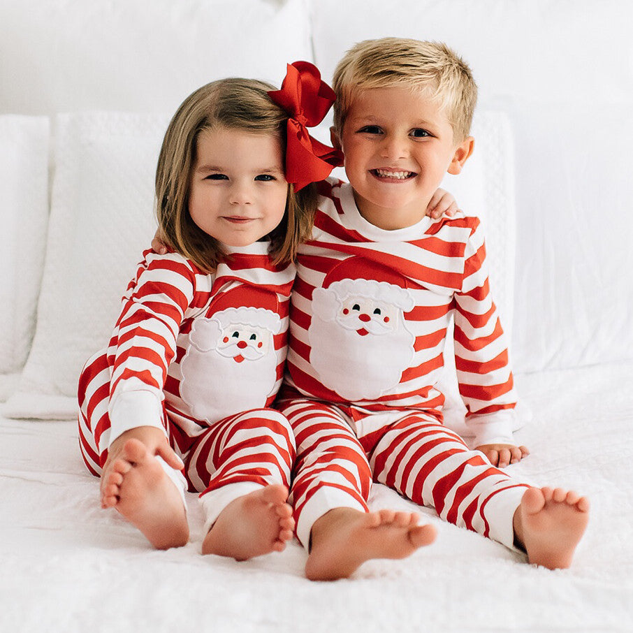 Boutique Red White Stripe Santa Claus Applique Pajamas Boy Girl