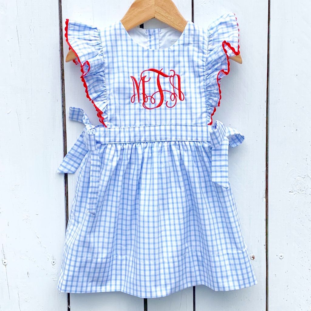 Girls Blue Gingham Monogram Dress July 4th