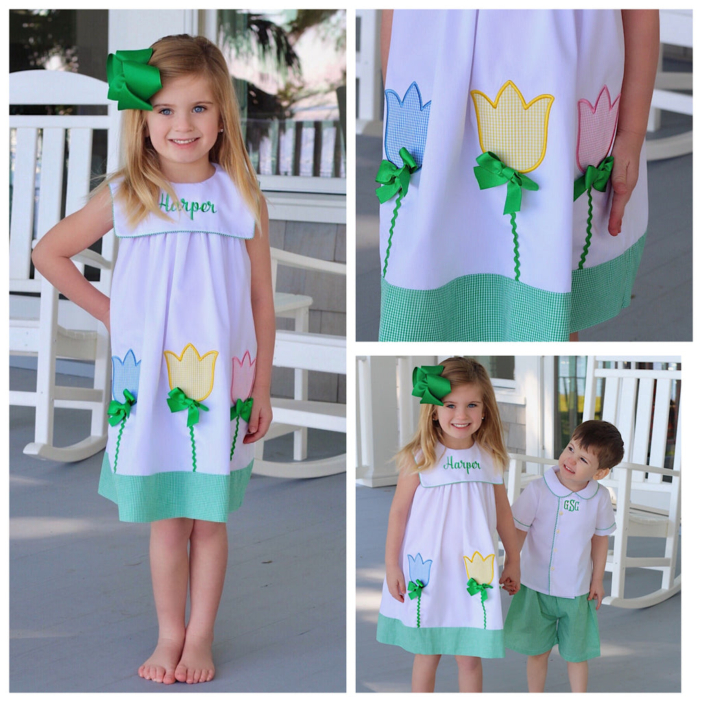 Vintage Girls Dress Tulip Applique Ribbon Bows