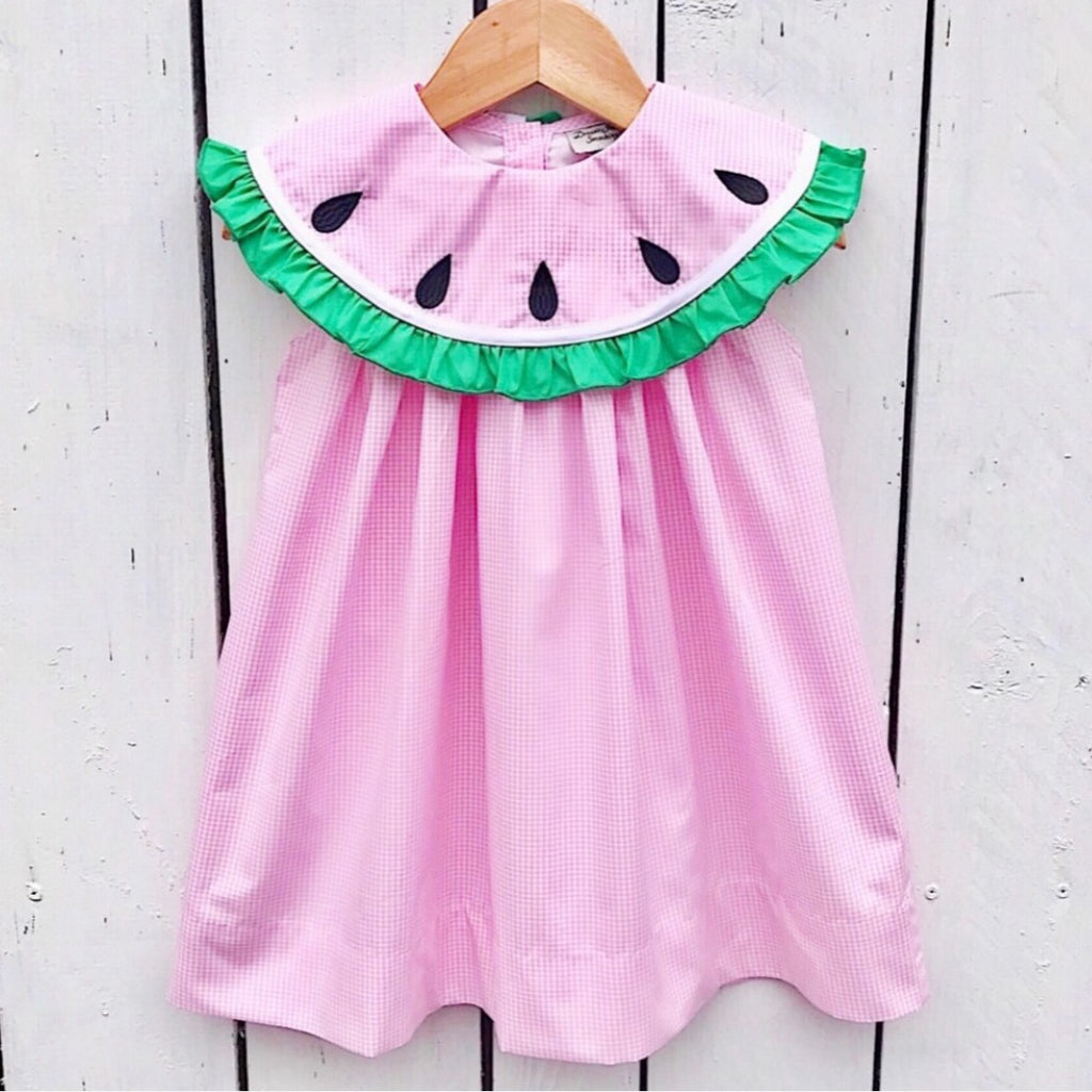 Girls Vintage Style Watermelon Dress Pink Gingham Embroidery