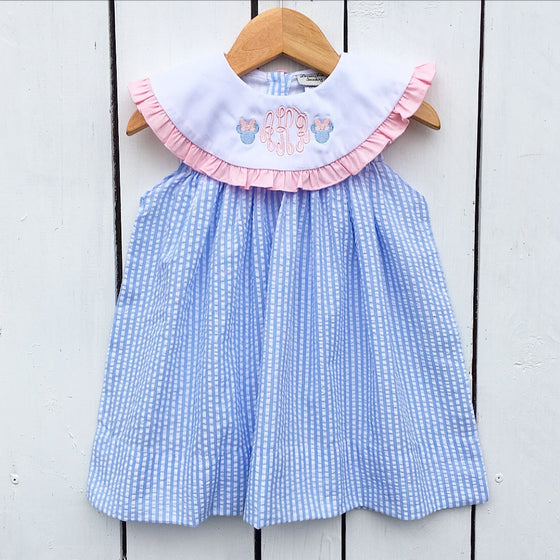 Light Blue Seersucker Monogrammed Float Dress with Pink Ruffle Detail and Disney Minnie Mouse Embroidery