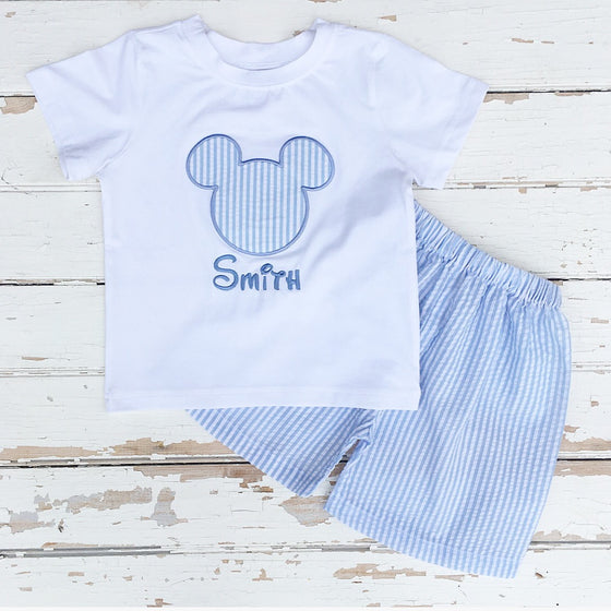 Boys Short Set With White Knit Personalized Shirt with Disney Mickey Mouse Applique and Light Blue Seersucker Shorts