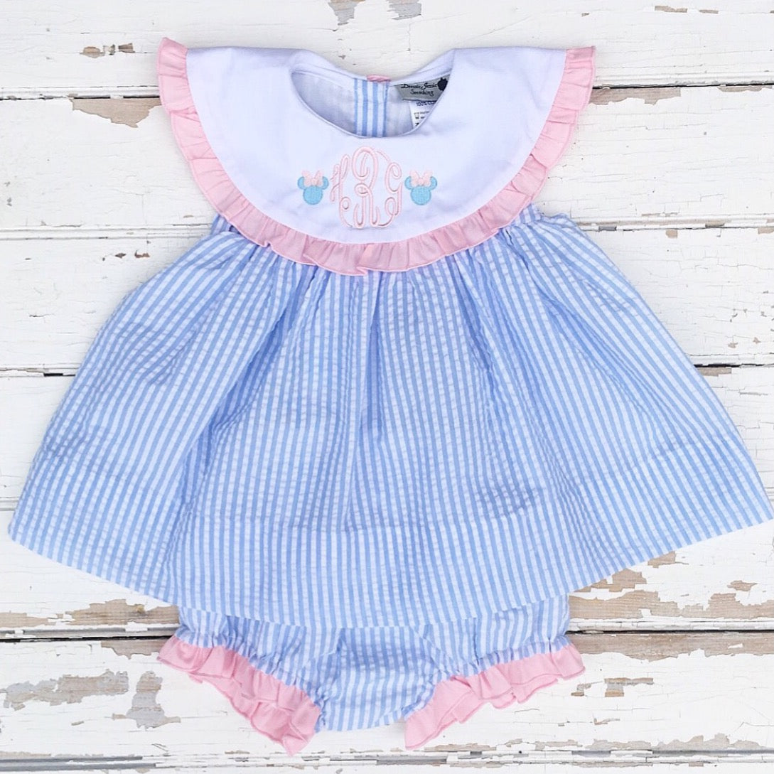 Light Blue Seersucker Monogrammed Bloomer Set with Pink Ruffle Detail and Disney Minnie Mouse Embroidery
