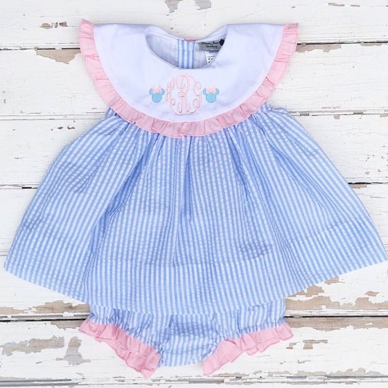 Light Blue Seersucker Monogrammed Bloomer Set with Pink Ruffle Detail and Disney Minnie Mouse Embroidery