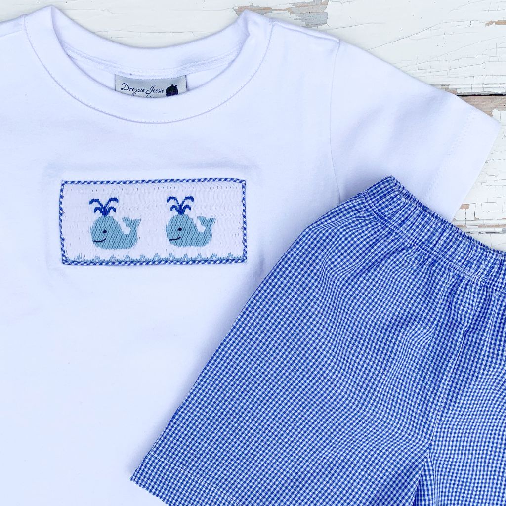 Boys Whale Smocking Blue Gingham Shorts