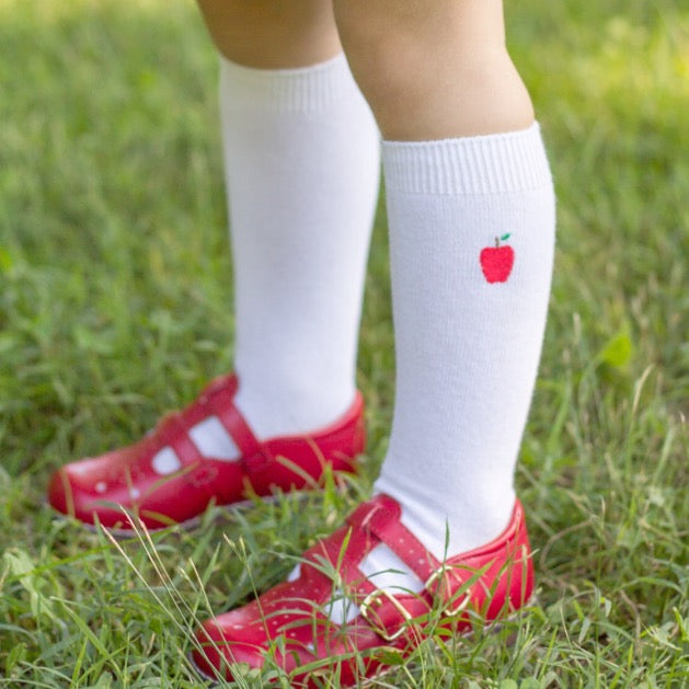 Girls Apple Embroidery White Knee Socks
