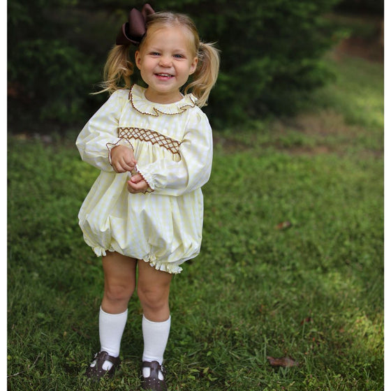 Girls Smocked Fall Bubble Yellow Gingham Romper