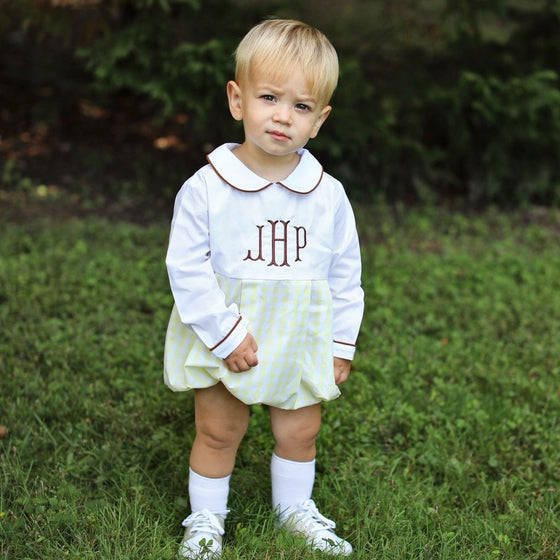 Boys Yellow Gingham Bubble Romper Free Monogram