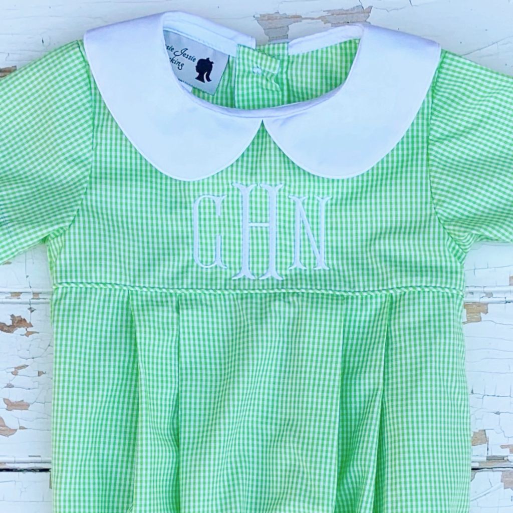 Monogrammed Green Gingham Bubble Romper Outfit for Boys
