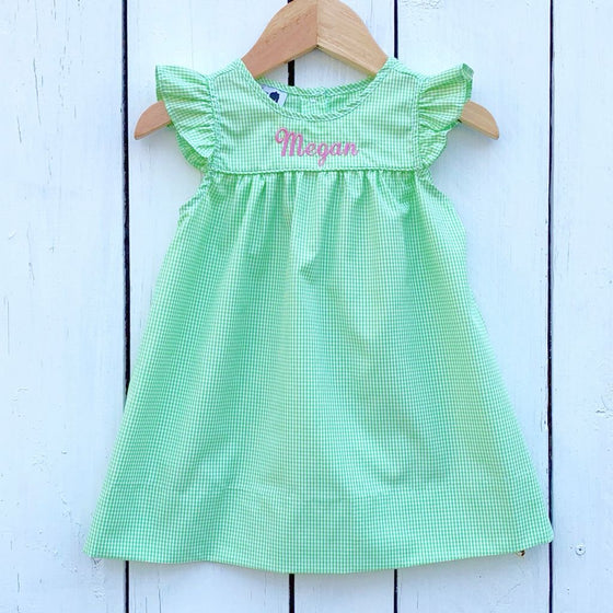 Girls Green Gingham Monogram Dress