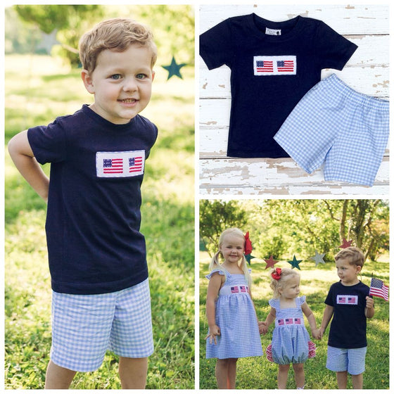 Boys Smocked Flag Shirt and Shorts Outfit July 4th Clothing