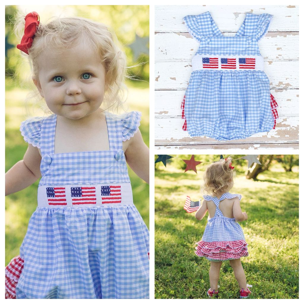 Smocked Flag Ruffled Bubble July 4th Smocked Clothing
