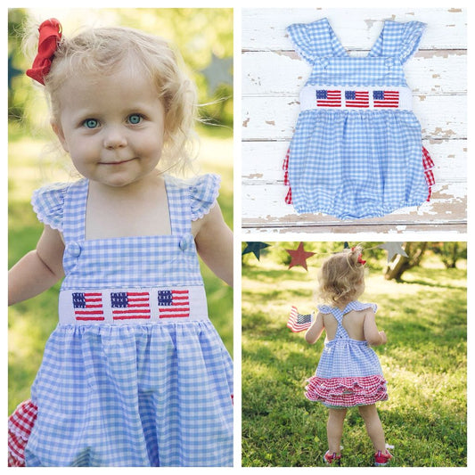 Smocked Flag Ruffled Bubble July 4th Smocked Clothing