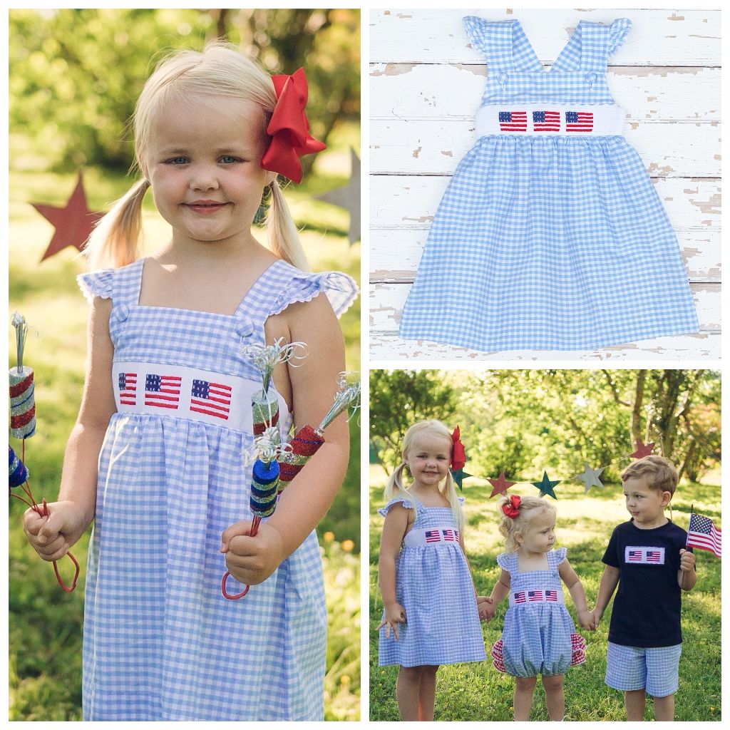 Shop Teeta Girls Smocked Annie Dress - Patriotic Flags & Bows Print main image 1