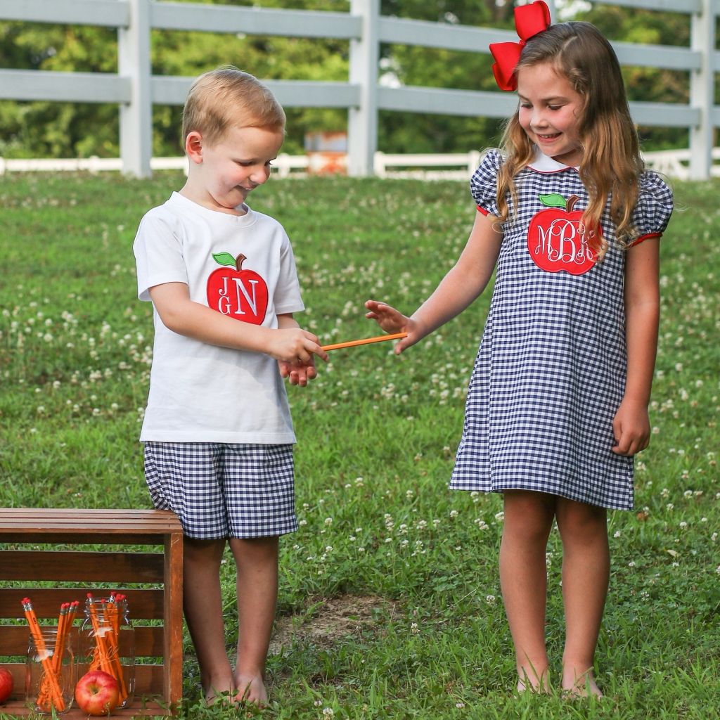 Navy Gingham Apple Back To School Clothing Boys Girls