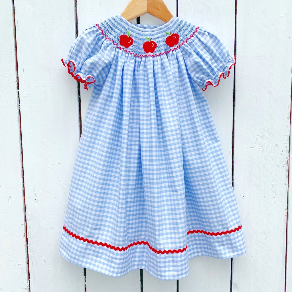 Girls Blue Gingham Smocked Apple Bishop