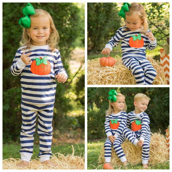 Girls Pumpkin Applique Pajamas PJ's Loungewear Set